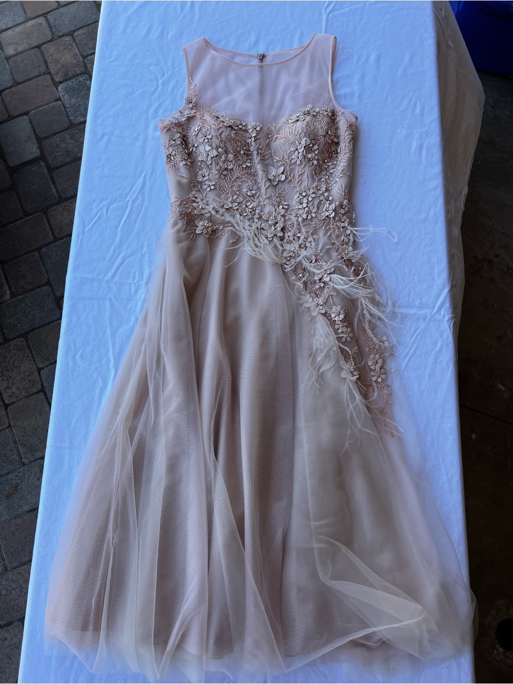 Teri Jon Blush Pink Embellished Tulle Midi Dress